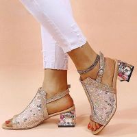 2023 New Women Summer Fashion Mid Heels Peep Toe Shoes For Women Glitter Sandals Ladies Buckle Strap Bling  Rhinestone Sandals