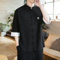 [COD] 2022 New Chinese Cotton Embroidered Cropped Pants Shirt Men Large Size Mens Buckle Hanfu