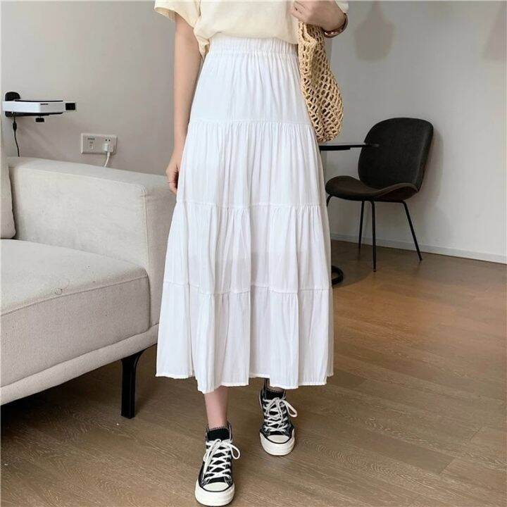 spring-summer-women-chiffon-skirts-vintage-high-waist-elastic-patchwork-white-black-chic-long-cake-a-line-skirt-for-student