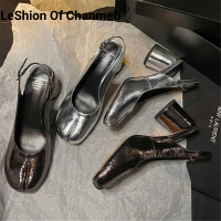 LeShion ของ Chanmeb หนังแท้ผู้หญิง Slingback ปั๊มหนารอบส้นญี่ปุ่นแยกนิ้วเท้าเงินหัวเข็มขัดรองเท้าเลดี้พรรคพรหม ~