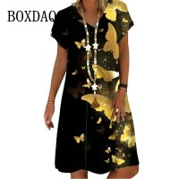 【Feb】 Summer V neck Short Sleeve Dress Fashion Butterfly Printed Women 39;s Dress Loose Casual Oversized Knee Length Dress Femme Sundress