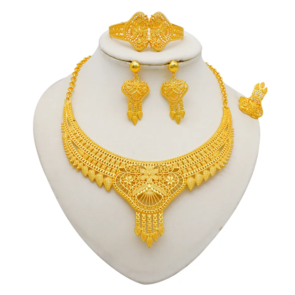 New Arabic Dubai Jewelry Set for Women Earrings Ethiopian African Long Chain  Gold Color Necklace Wedding Gift - African Boutique