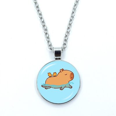 JDY6H Capybara swimming Cartoon Necklace Glass Dome Cabochon Pendant Fashion Statement Crystal Necklace Wholesale