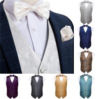 Mens Vest Silver Gold Navy Blue Paisley Classic Party Wedding Jacquard Waistcoat Vest Pocket Square Tie For Suit Tuxedo DiBanGu