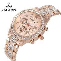 Three-eye diamond-encrusted steel band watch rose gold alloy ladies watch business watch