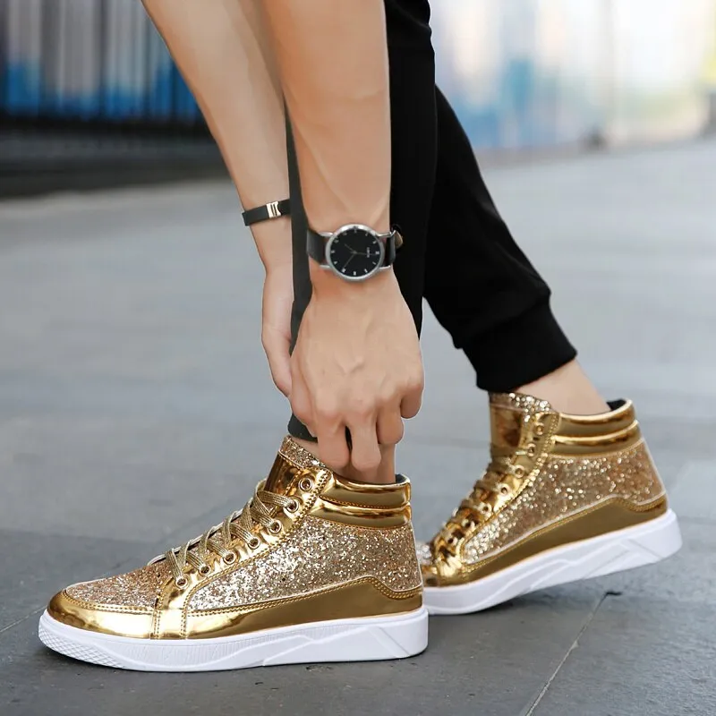 X Hot Fashion Golden Shiny Mirrors Mens Shoes Casual Club Bar Glitter  Streetwear Hip hop High top Men Sneakers zapatos de hombre