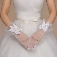 ✸❡ Short Tulle Women Wedding Full Finger Opera Party Sheer Bridal Gloves with Bowknot