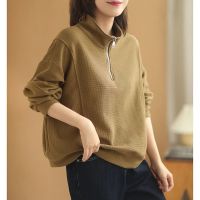 [COD] Waffle chain long-sleeved sweater womens 2022 spring and autumn new Korean version loose all-match stand-up collar top for outerwear