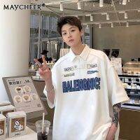 MAYCHEER ชุดคู่แขนสั้นผู้ชายพิมพ์ลายเสื้อโปโลมีสไตล์สัมผัสใหม่อเนกประสงค์