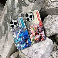 เคสโทรศัพท์หุ่นยนต์กันดั้มรูปการ์ตูนสีฟ้าสีชมพูสำหรับ IPhone 11 12 13 14 Pro Max ฝาหลังเงินชุบโลหะด้วยไฟฟ้าสุดเจ๋ง