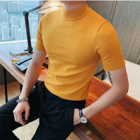 11สีฤดูร้อนคุณภาพสูงแขนสั้นถัก T เสื้อผู้ชาย Slim Solid Pullovers ลำลองยืด Tee เสื้อ Streetwear Homme