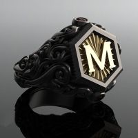 【CW】 Vintage Cool Men 39;s Black Metal M Letter Rings Gothic Punk Inlay Red CZ Ring Cocktail Party Ring Men Rock Biker Jewelry