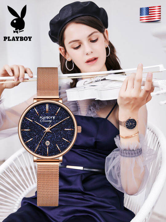 playboy-เซ็ตนาฬิกาสำหรับผู้หญิงซื้อ1แถม2ฟรีสร้อยคอกำไล2023ขายร้อน-classic-star-กันน้ำวันที่แสดง-milanese-สายรัดเหล็ก-หนัง