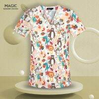 Plue Size nursing Uniform Women Cartoon Print Medical Uniform Summer Working Casual Nursing Clothes Short Sleeve V-neck nursing Tops