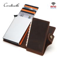 CONTACTS RFID Blocking Crazy Horse Leather Men Wallet Credit Card Holder Aluminium Box for Men Women Automatic Pop Up Card Case Card Holders