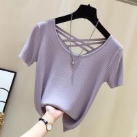 Purple Top Women Korean Style Slim Knitted Tshirt Short Sleeve Round Neck Tee 2023 Summer Fashion T Shirt