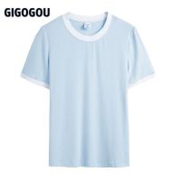 GIGOGOU เสื้อยืดแขนสั้นคอกลมถักแบบธรรมดา2023ใหม่เสื้อยืดเข้ารูปพอดีสำหรับผู้หญิงเสื้อยืดรัดรูปเสื้อแบบย้อนยุคฤดูร้อนมี6สี S-3XL ขนาด