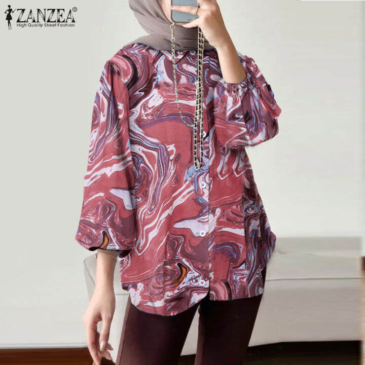 สินค้ามาใหม่-จัดส่งฟรี-fancystyle-zanzea-เสื้อผู้หญิงมุสลิมลำลอง-เสื้อมีปกแบบมีกระดุมเสื้อลายพิมพ์เรียบง่าย