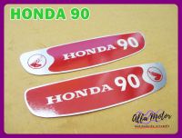 HONDA 90 FUEL TANK ALUMINUM "RED" DECAL size 3cm.x13.5cm. SET PAIR  #แผ่นเพลทข้างถังน้ำมัน ซ้าย-ขวา อลูมิเนียม พื้นสีแดง ตัวหนังสือเงิน