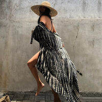 2023บิกินี่ COVER-UPS สีดำ R striped self belted PLUS ขนาดผู้หญิงฤดูร้อนชุดกิโมโน Beach Wear ชุดว่ายน้ำ COVER UP