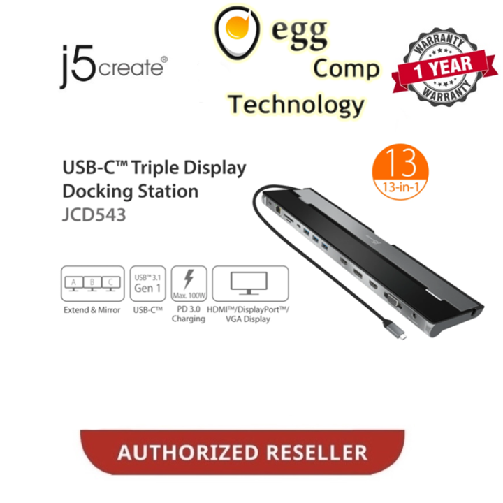 J5Create JCD543 USBC Triple Display Docking Station HDMI, VGA and