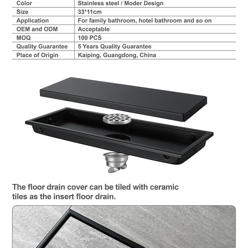 30X11Cm Anti-Odor Black-Paint Stainless Steel Linear Floor Drain Bathroom Tile Insert Shower Floor Drain Bathroom Shower Accessories 