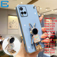 เคสป้องกันกล้อง Y20S สี่เหลี่ยมสำหรับ Vivo Y12A T1 T1x Y12S Y20 Y20A คลุมทั้งหมด Y21S Y21A Y21T เคสโทรศัพท์ Y33S พร้อมขาตั้งรูปกระต่ายน่ารักสีทึบอ่อนทันสมัย