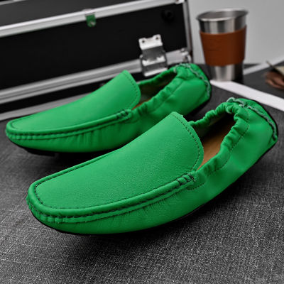 รองเท้ารองเท้าผู้ชายไม่มีส้น38-48รองเท้าหนังลำลองรองเท้าสลิปออนสีเขียวแฟชั่นระบายอากาศได้คลาสสิกทุกวัน