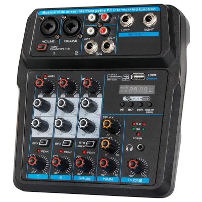 Audio Mixer 4-channel USB Audio Interface MixerDJ Sound Controller Interface with USBBuilt-in 48V Phantom Power for Studio