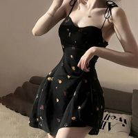 COD SDFGERTYTRRT Korean Dress Sling Dress Low Cut Sexy Hips Print Bow Ultrashort Suspenders Dress