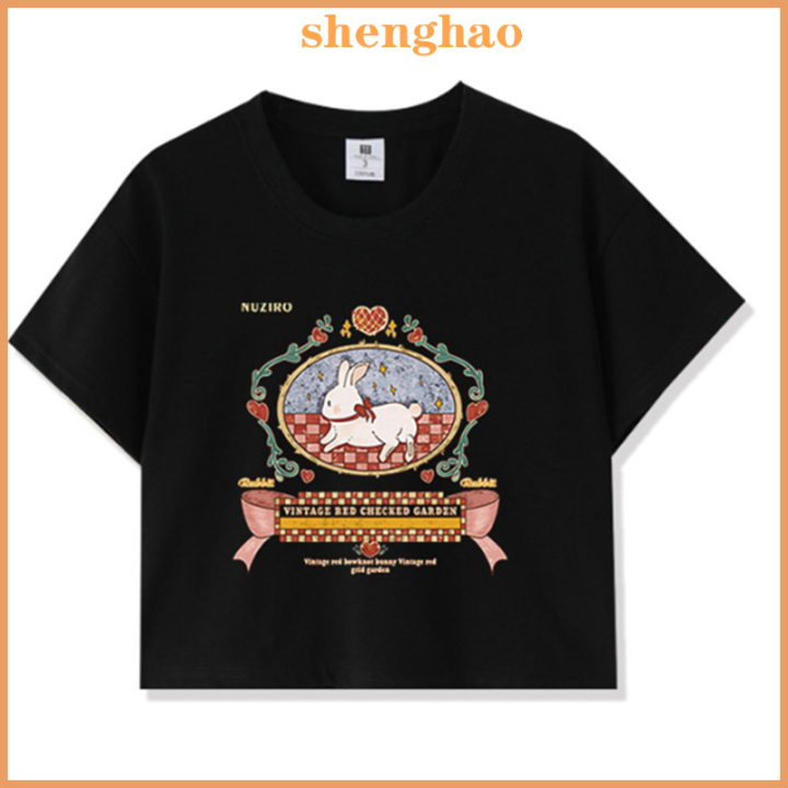 shenghao-เสื้อยืดพิมพ์ลายการ์ตูนผู้หญิงคอกลมแขนสั้นสลิมเสื้อครอป