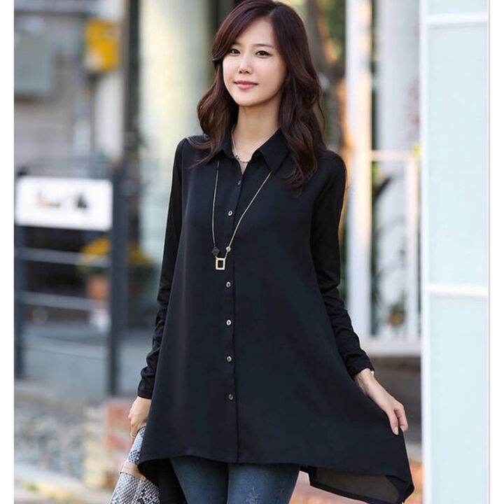 womens-blouses-korean-chiffon-black-shirt-long-sleeve-long-casual-pajamas-tops