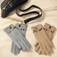 Women Winter Coldproof Touch Screen Driving Warm Glove Metal Leather Chain Plus Plush Velvet Thick Windproof Cycling Mitten R79