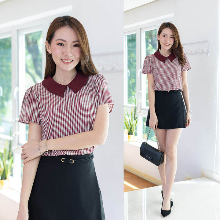 narinari-mt1301-point-collar-checked-blouse-เสื้อทำงาน