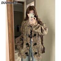DUOHANZI เสื้อสเวตเตอร์ถักปุ่มสตรีทฮอร์นฮิปฮอปแบบอเมริกาแบบย้อนยุคสำหรับผู้หญิง