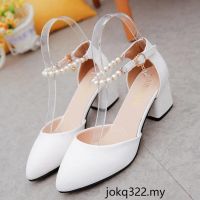 READY STOCK Spring and summer new Korean version of the pointed thick heel womens shoes wild word buckle with beaded