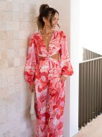 【DT】hot！ 2023 Fashion Floral Print Cut Out Jumpsuit V-Neck Hollow Piece Puff Sleeve Waistless Outfit