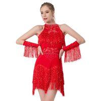 Elegant เลื่อมลูกปัดพู่ชุดละตินแขนสำหรับผู้หญิงเซ็กซี่ลูกไม้ Hollow Out Halter Sparkly Rumba Cha-Cha Dancewear