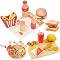 Kids Kitchen Toys Pretend Play Food Cooking Set Wooden Simulation Hamburger Pisa French Fries Cutting Game Kitchen Toy for Girls