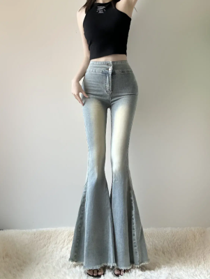 กางเกงขาบานผู้หญิงเอวสูงยาวยีนส์ขาบานสุภาพตรีรัดรูปแบบลำลองมีซิปสไตล์อเมริกันกางเกงยีนส์