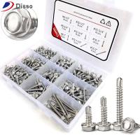 DISSO 380Pcs #8 #10 #12 สกรูเกลียวปล่อยสำหรับโลหะ 1/2 "ถึง2" 410สแตนเลสสตีล สกรูโลหะแผ่น พร้อมกล่องเก็บของ ชุดแยกสกรูเจาะด้วยตนเอง โลหะสำหรับตกแต่ง