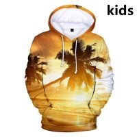 3 To 14 Years Kids Hoodies Ocean Beautiful Seaside View Coconut Tree Print Sweatshirt Boys Girls Streetwear Jacket Children Coat