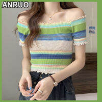 ANRUO เสื้อสเวตเตอร์แขนสั้นลายทาง,เสื้อสเวตเตอร์แขนสั้นของผู้หญิง Cewek Seksi ฤดูร้อนเสื้อเอวลอยเก๋ไก๋พอดีตัว