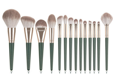 New Product 14pcsSet Elegant Green Wooden Handle Super Soft Fiber Hair Makeup Brush Kit Beginner Tool