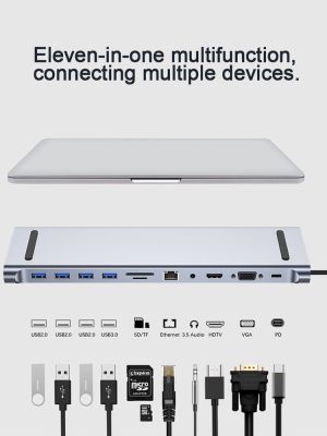 USB ตัวแยก3.0ด็อค11 In 1ชนิด C ตัวแปลงแบบหลายพอร์ต4K HDMI เข้ากันได้ RJ45 Sd/tf VGA PD สำหรับ MacBook iPad Xiaomi Feona