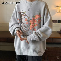 MAYCHEER เสื้อสเวตเตอร์ผู้ชายอินเทรนด์สไตล์ยุโรปและอเมริกันฤดูใบไม้ร่วงและฤดูหนาวใหม่วินเทจพิมพ์ลายเสื้อกันหนาวแบบถักลำลองทรงหลวม