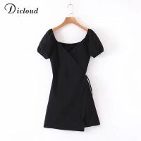 ZZOOI DICLOUD Sexy Black Mini Party Wrap Dress Summer Short Puff Sleeve A-line Dress For Women Elegant Backless Solid Ladies Clothes