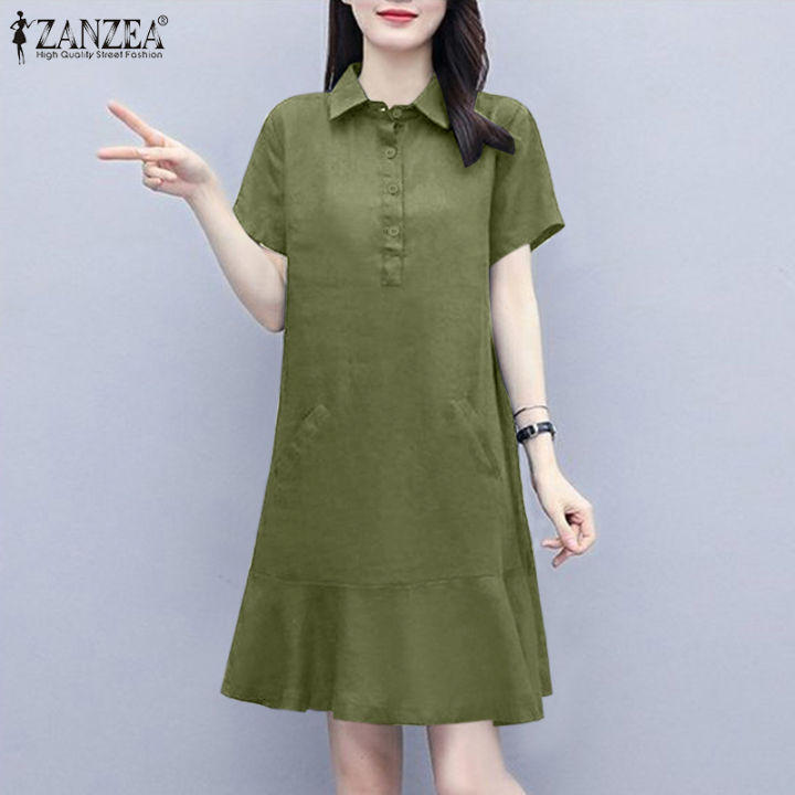 จัดส่งฟรี-fancystyle-zanzea-เสื้อสไตล์เกาหลีของผู้หญิงปกพับลงผ้าฝ้ายชุดเดรสฟูย้อนยุค-8