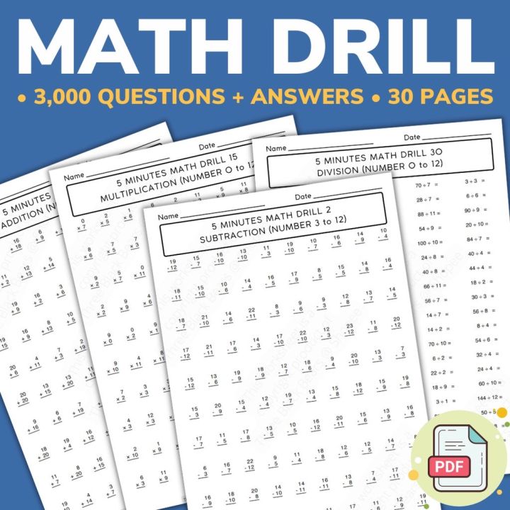 Printable Mathematics Drill Worksheets | 3000 Questions + Answers ...