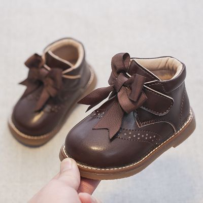 11.5-15.5cm Brand Solid Simple Baby Autumn Boots,Lace Butterfly-knot Toddler Girls Princess Matin Ankle Boots For 0-3Y Kid Girls